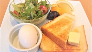 A plate with toast, a boiled egg, a salad, and a lemon wedge.