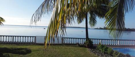 Vista de una masa de agua tranquila con una isla distante, una palmera y una zona de piscina con un camino de piedra.