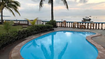 Outdoor pool, pool umbrellas, pool loungers