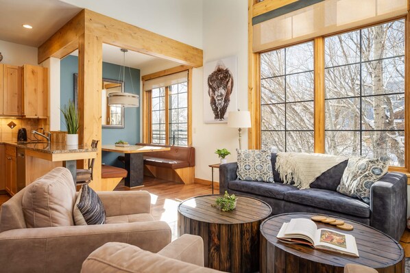 Flat-screen TV, fireplace, DVD player - Alpen Glow Row House 6 | Pet Friendly | Downtown Steamboat (Steamboat Springs)