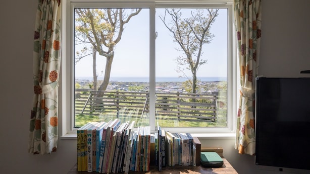 Een kamer met een groot raam, een boekenplank vol boeken en een televisie op een voet.