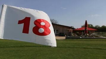 A flag with the number 18 on a flagpole.