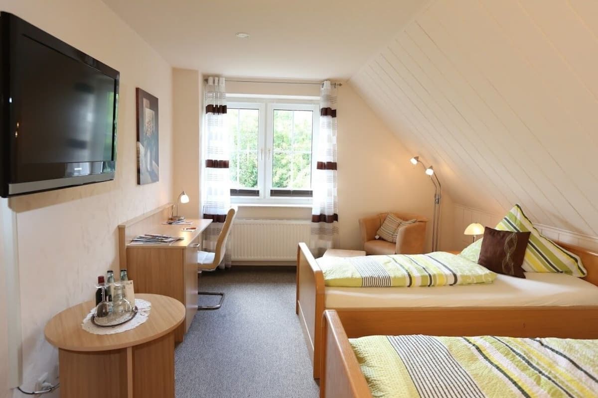 Une chambre à coucher avec un lit, un bureau, une chaise, un téléviseur et une fenêtre avec des rideaux.