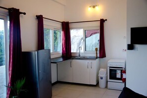 Estudio clásico, 1 cama doble, vistas al mar, junto a la montaña | Cocina básica privada | Frigorífico grande, microondas, horno y placa de cocina