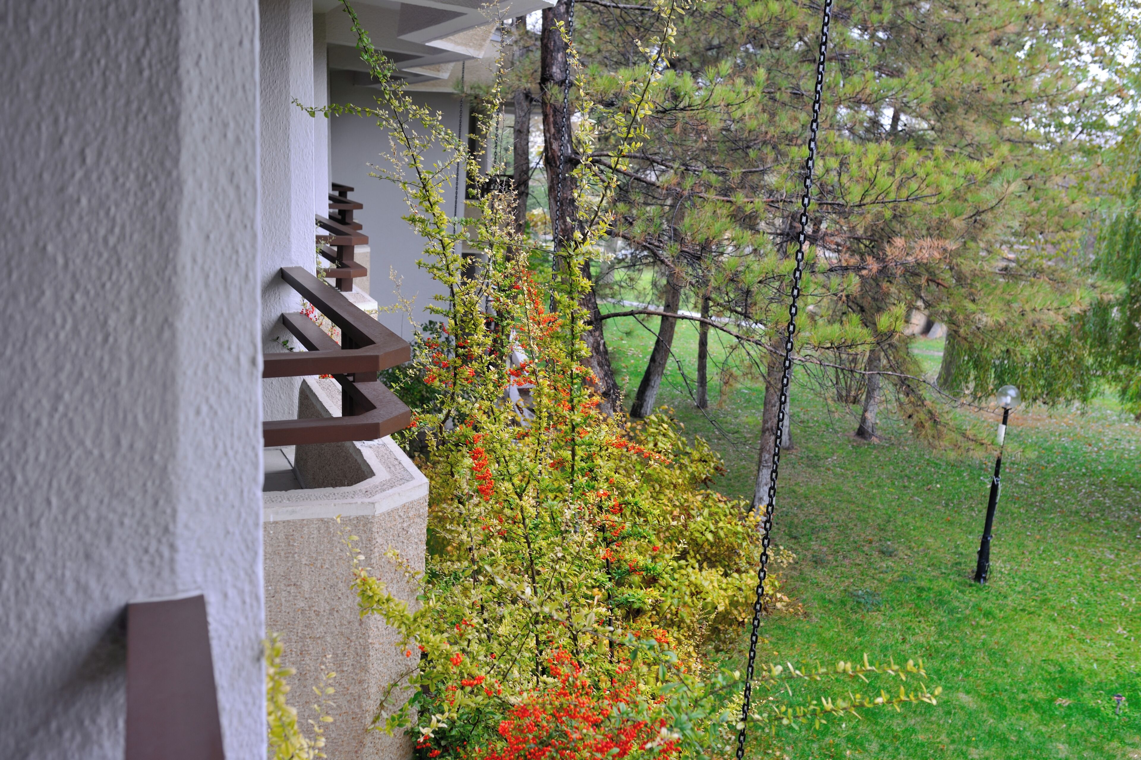 Un balcón con vistas a un jardín y árboles.
