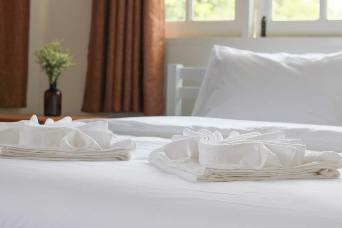 Una cama bien hecha con sábanas blancas dobladas y una pequeña planta en maceta sobre la mesita de noche.