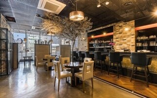 Uma área de bar moderna com piso de madeira, banquetas pretas e uma grande árvore como ponto central.