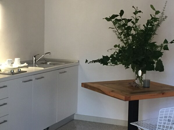Uma cozinha com pia, armários e uma mesa de madeira com uma planta.