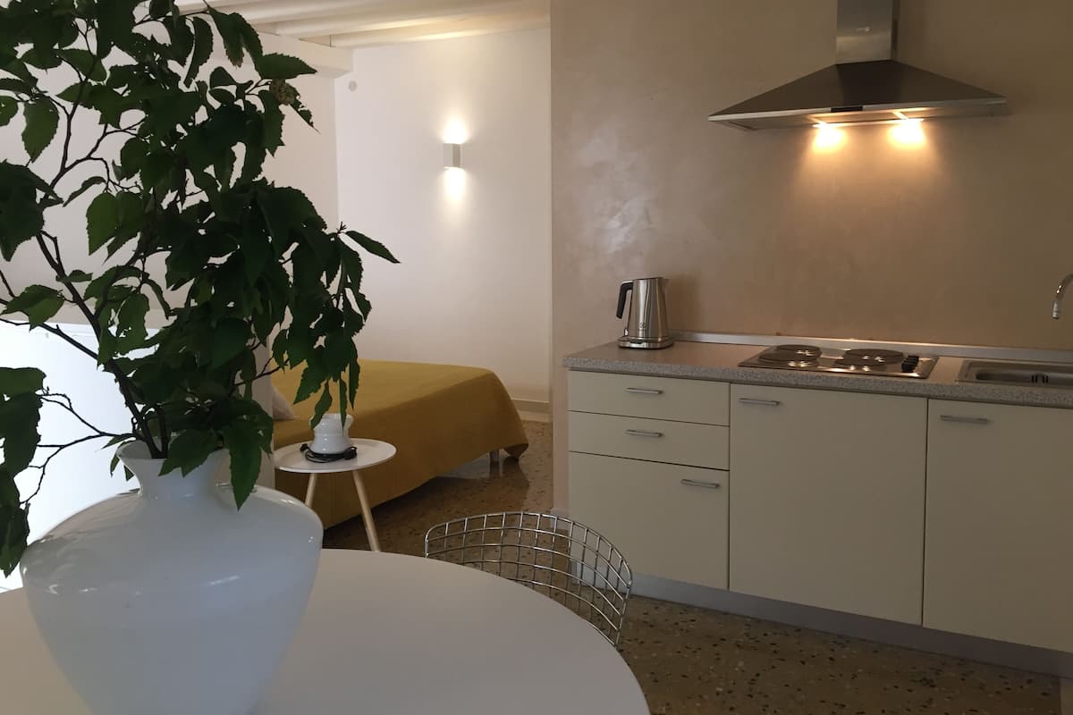 Una cocina pequeña con estufa, lavamanos y un solo armario. En primer plano, hay un florero blanco con una planta sobre una mesa.