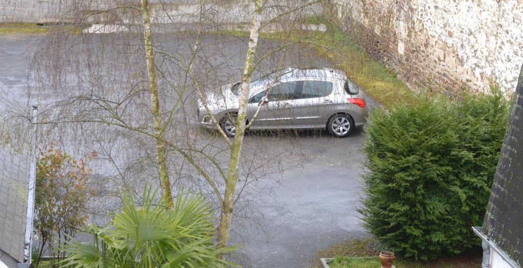 Un coche estacionado en una entrada con un muro de piedra y árboles.