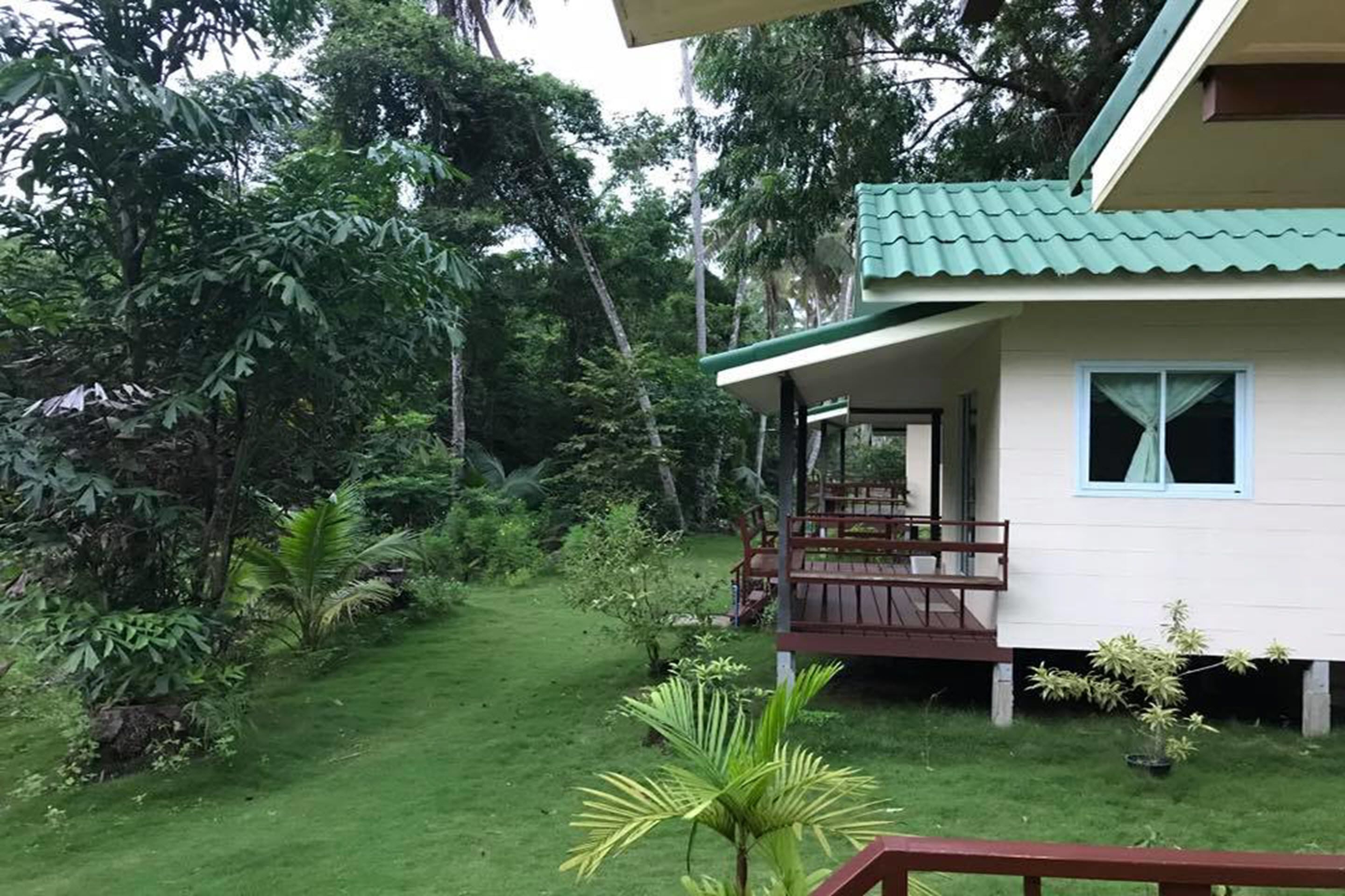 Una cabaña con techo verde, un pequeño porche y un jardín con diversas plantas.