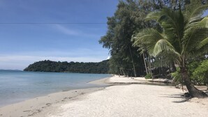 Une plage à l’eau cristalline, bordée de palmiers, avec une île verdoyante en arrière-plan.