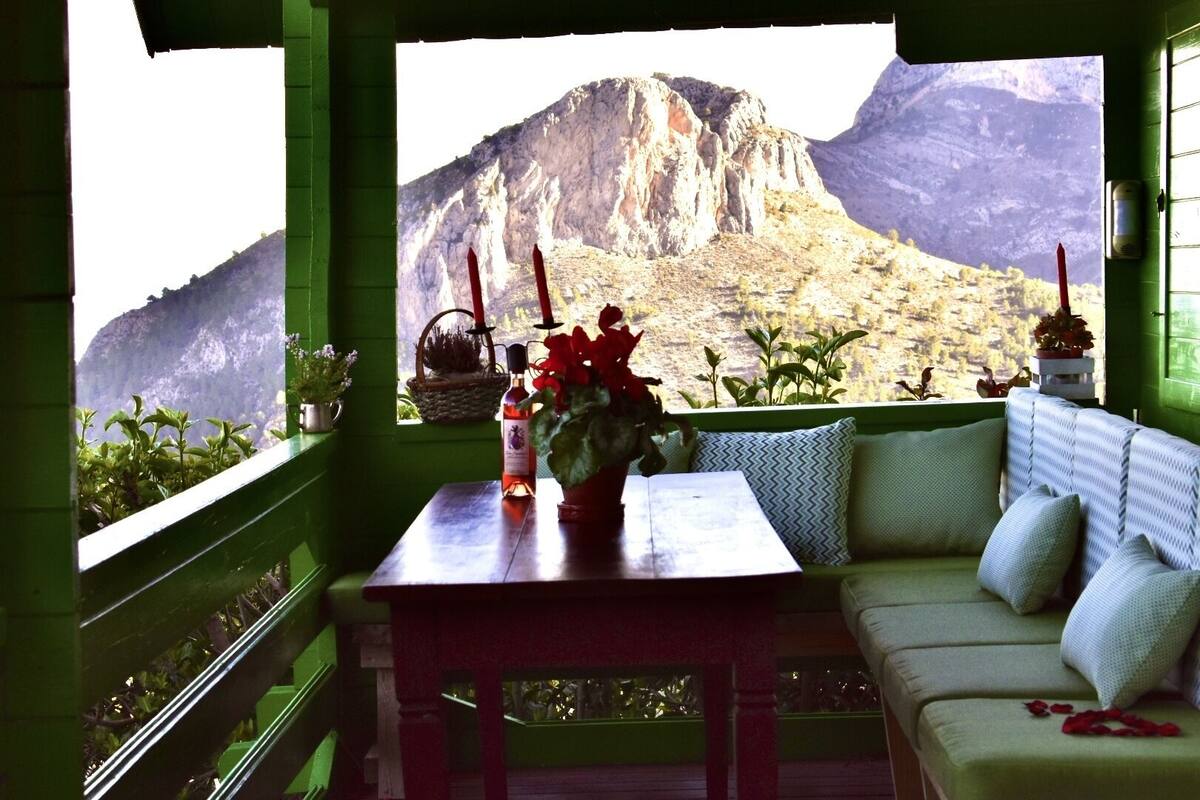 Ein Zimmer mit Blick auf einen Berg, ein Tisch mit Flasche und Blumen sowie eine Couch mit Kissen.