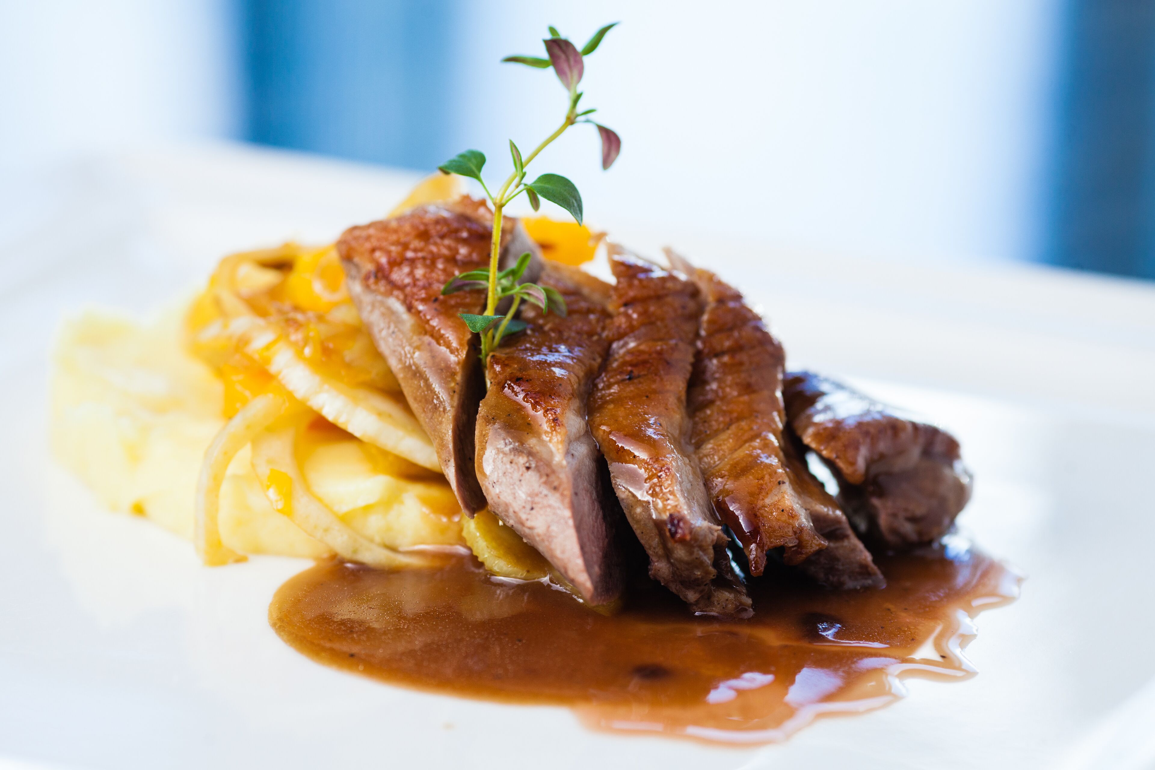 A plate of food with sliced meat, mashed potatoes, and a garnish.