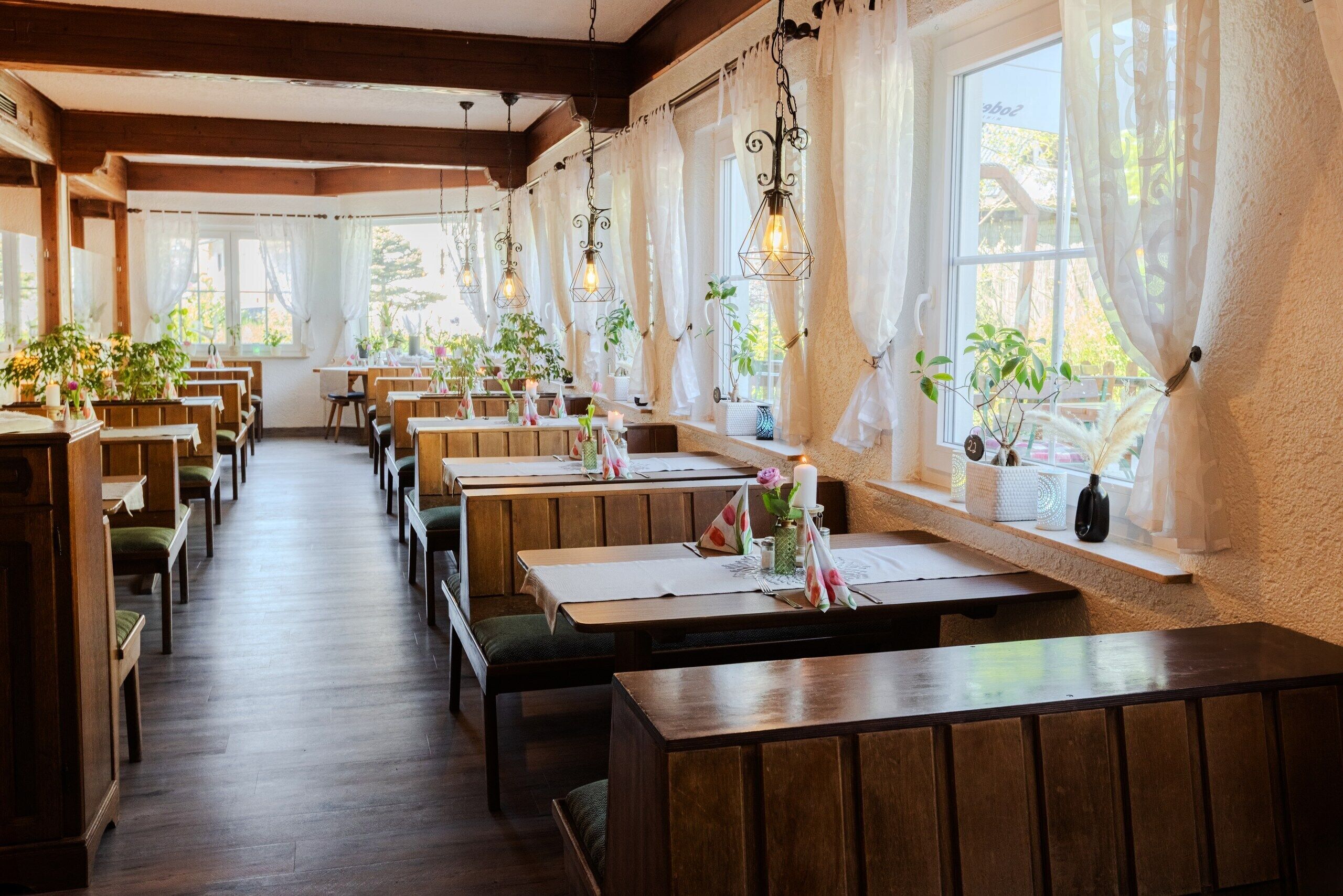 A restaurant with wooden tables and benches, large windows with curtains, and hanging light fixtures.