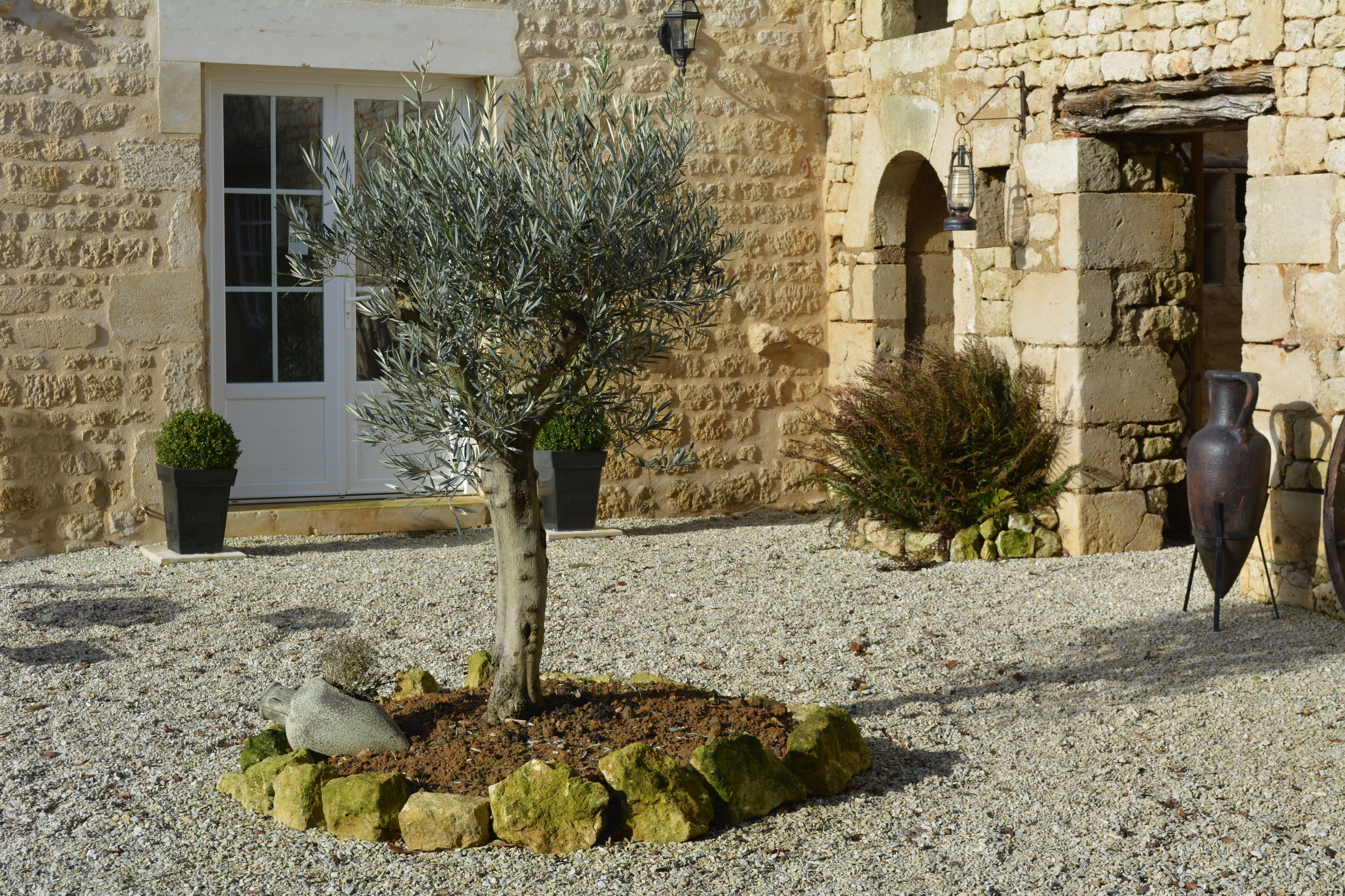 A stone building with a door and windows, a small tree, and a decorative metal object in the foreground.