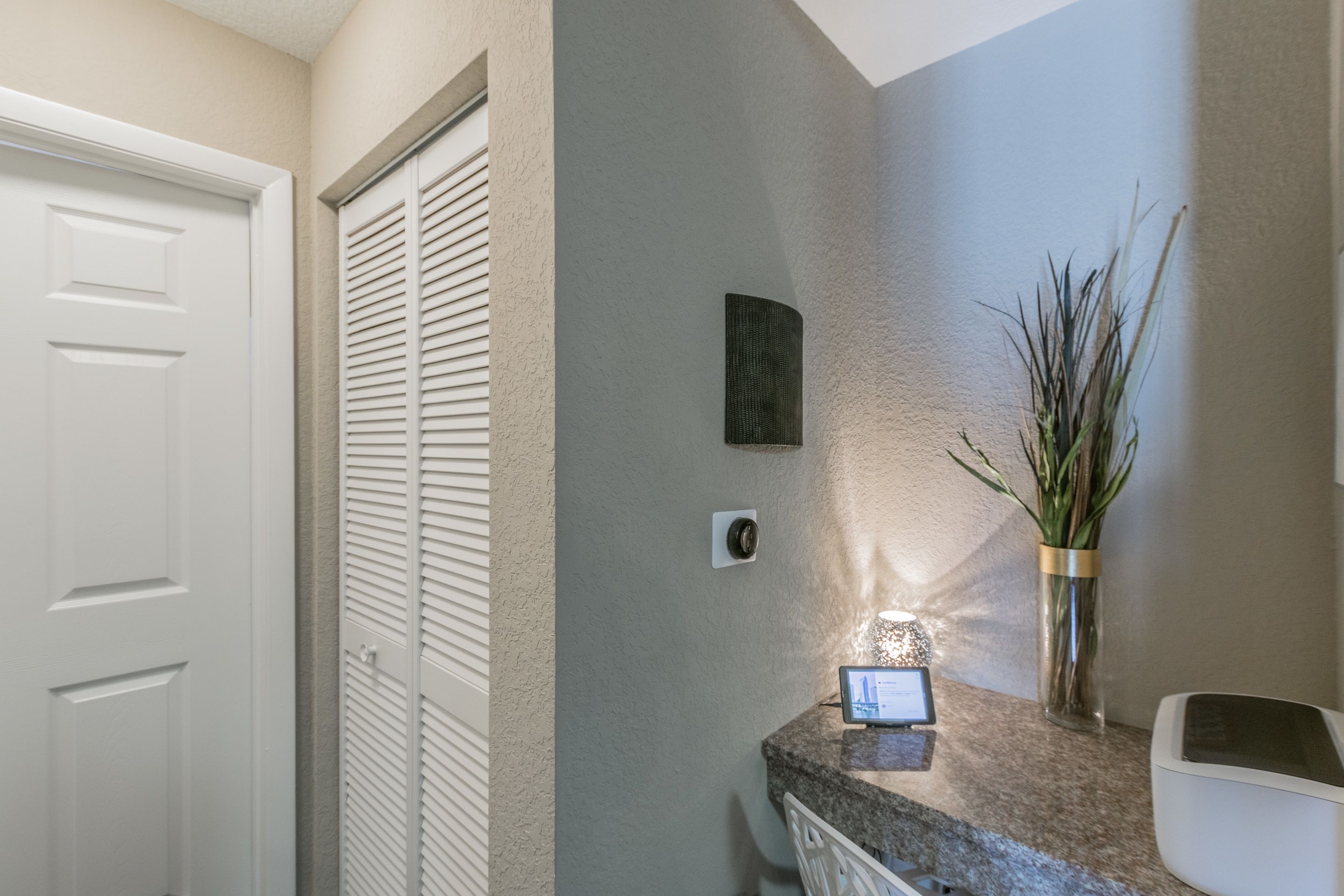 A bathroom with a white door, a towel rack, a vanity with a mirror, and a vase with plants.