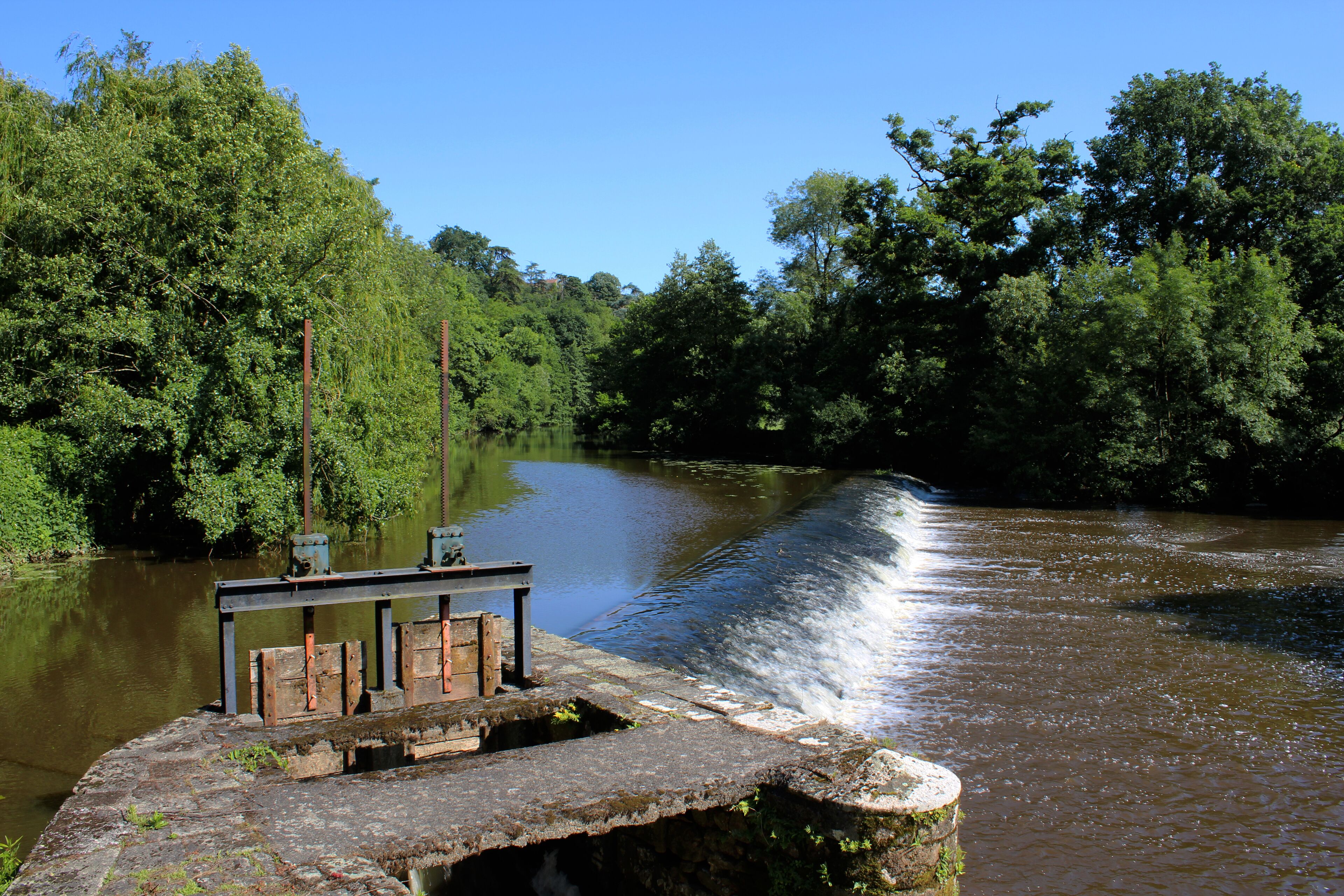 Un río con un pequeño muelle y un bote.