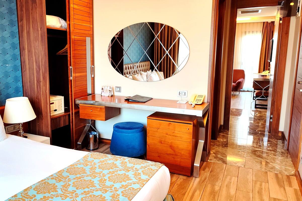 A hotel room with a bed, a desk, a mirror, and a wardrobe.