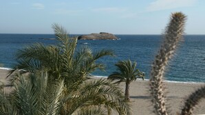 Una playa con palmeras y un promontorio rocoso en la distancia.