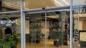 Entrada de hotel con puerta de vidrio, felpudo con el nombre del hotel y plantas en macetas afuera.