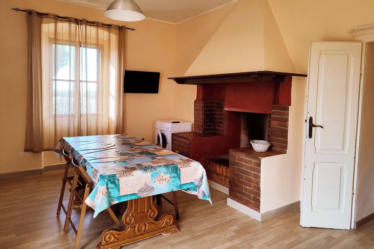 A room with a wooden table, chairs, a television, a fireplace, and a door.