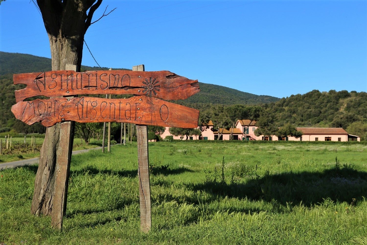 A rustic wooden signpost with directions to 'Montagna' and 'Montagna Forte' in a rural setting with a clear sky and a building in the background.