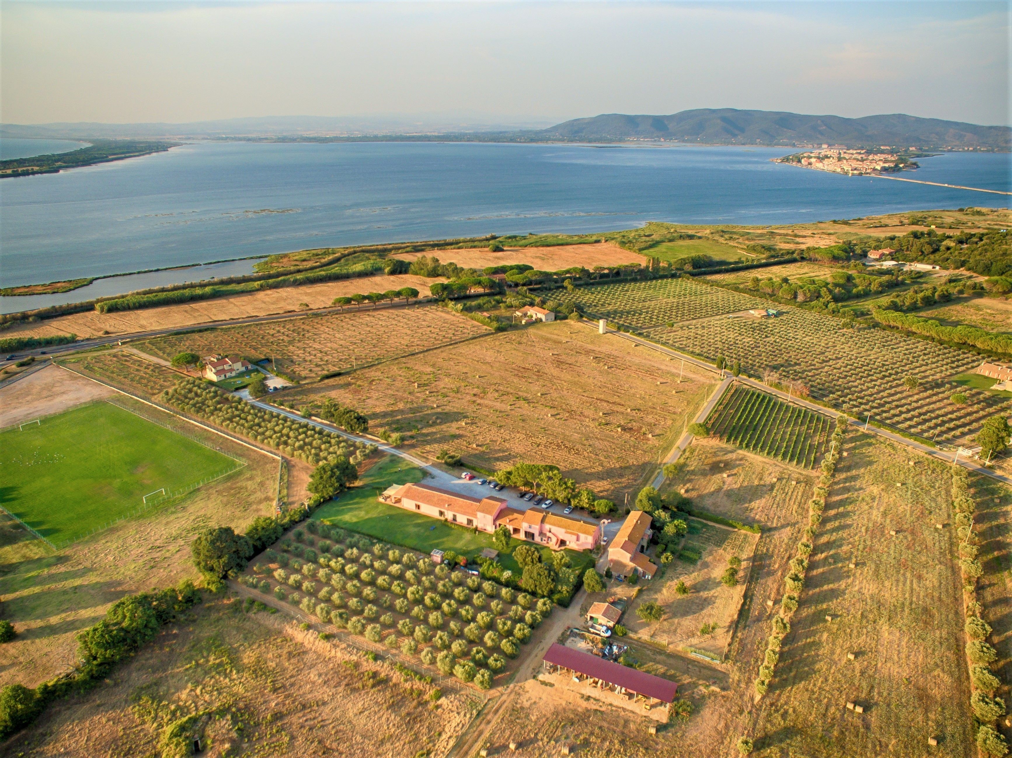 An aerial view of a rural property with fields, a large building, and a body of water in the background.