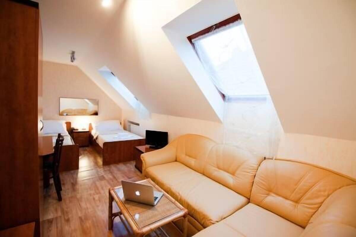 Ein gemütliches Schlafzimmer im Loft-Stil mit schrägem Dach, einer Schlafcouch, einem Schreibtisch mit Laptop und einem Fernseher.