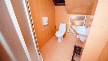 Un bagno piccolo con il water, un lavandino e un asciugamani ad aria.