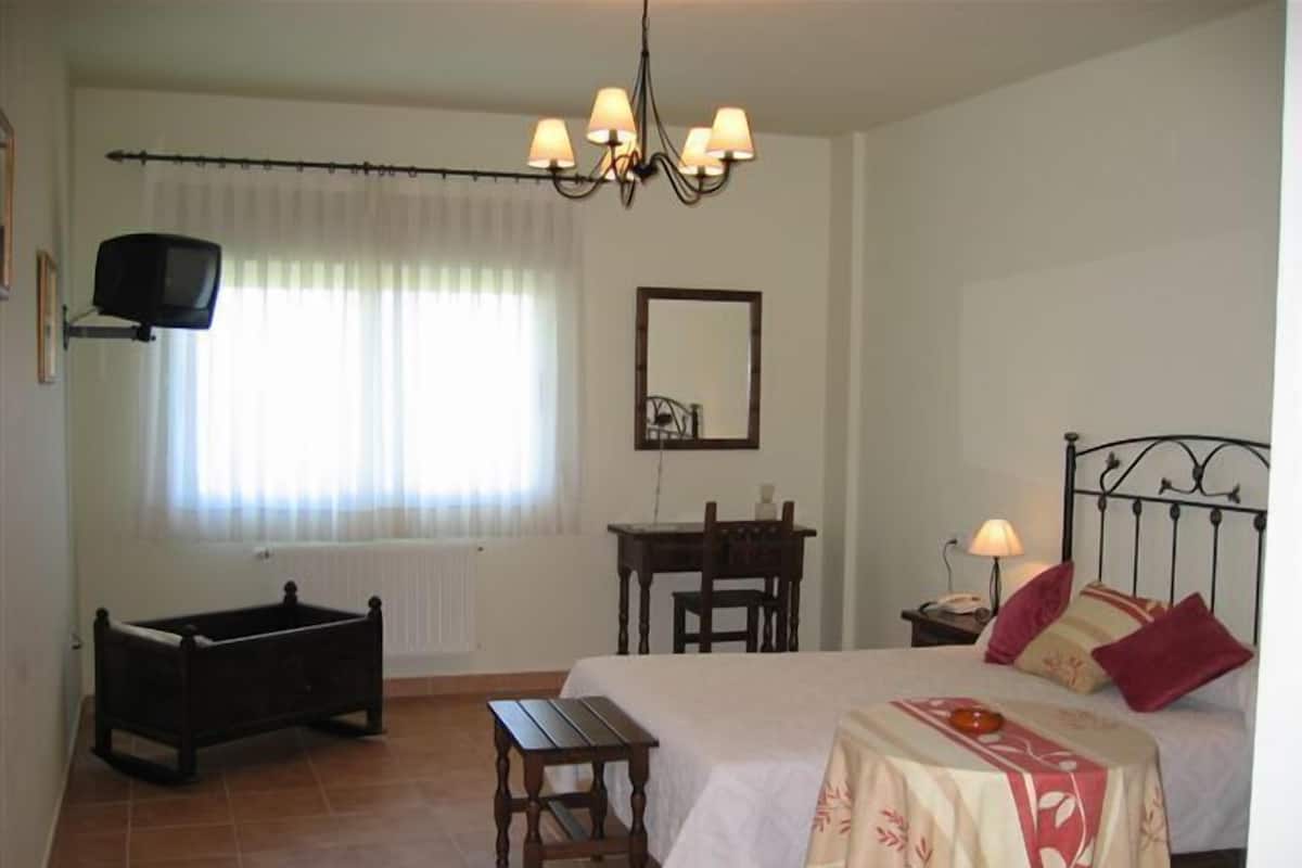 A bedroom with a bed, bedside table, chair, and a small table. There is a window with curtains, a radiator, a television on the wall, and a chandelier.