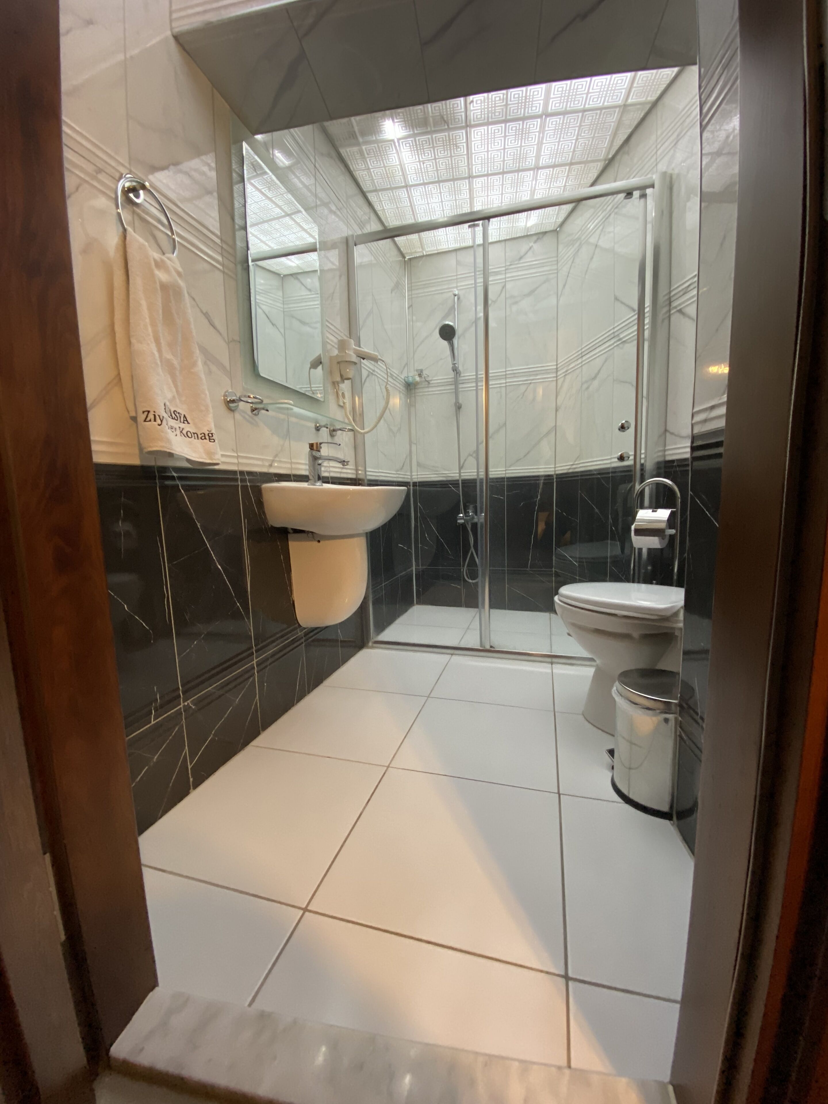A modern bathroom with a glass shower enclosure, a white sink, and a toilet.