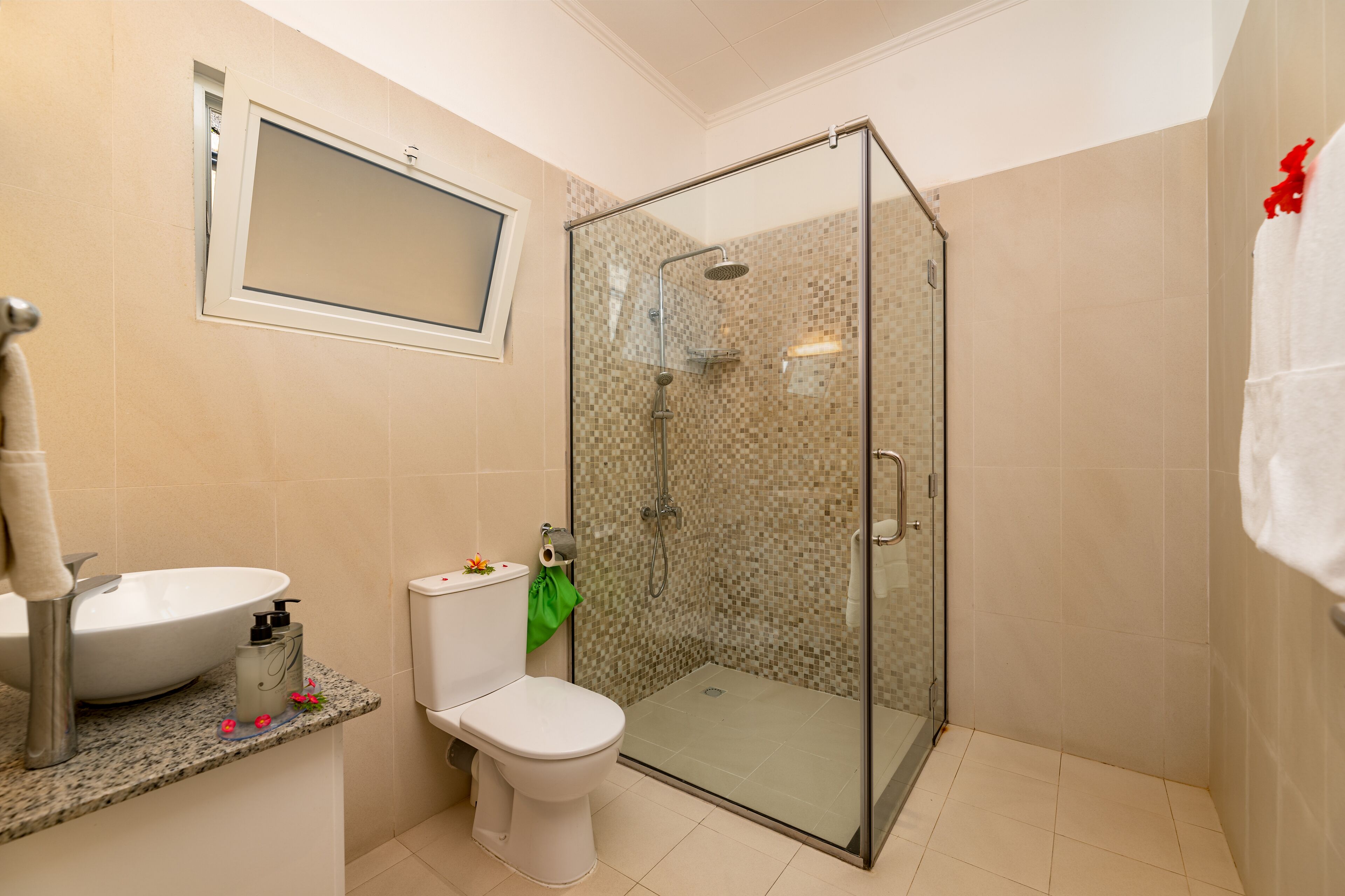 shower, free toiletries, hair dryer, towels