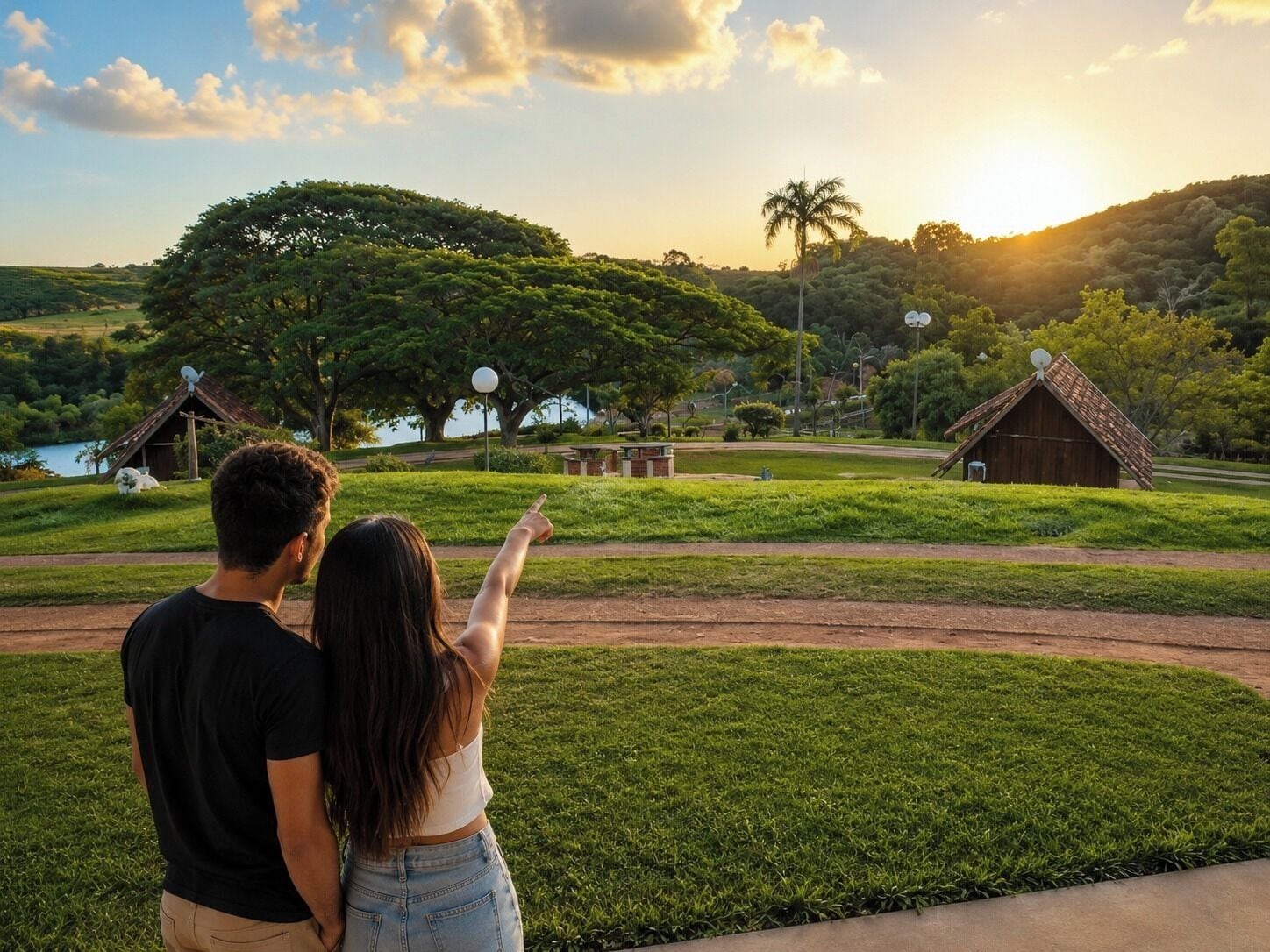 Una pareja está de pie en un parque, con un gran árbol y un lago al fondo.
