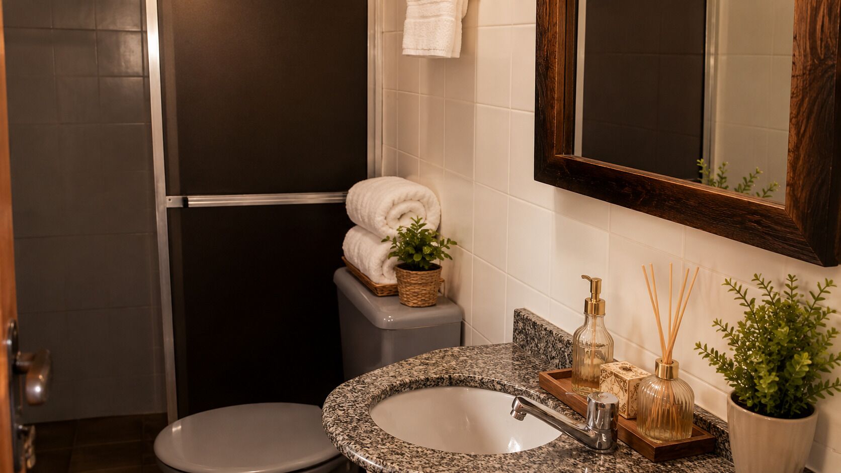 A bathroom with a toilet, sink, and mirror.
