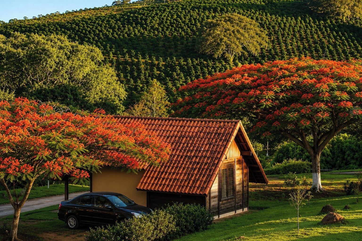 A small wooden cabin with a tiled roof, surrounded by lush greenery and flowering trees.