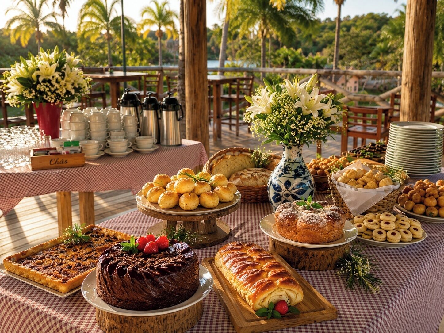 Een buffet met diverse gebakjes, een chocoladetaart en een bloemstuk.
