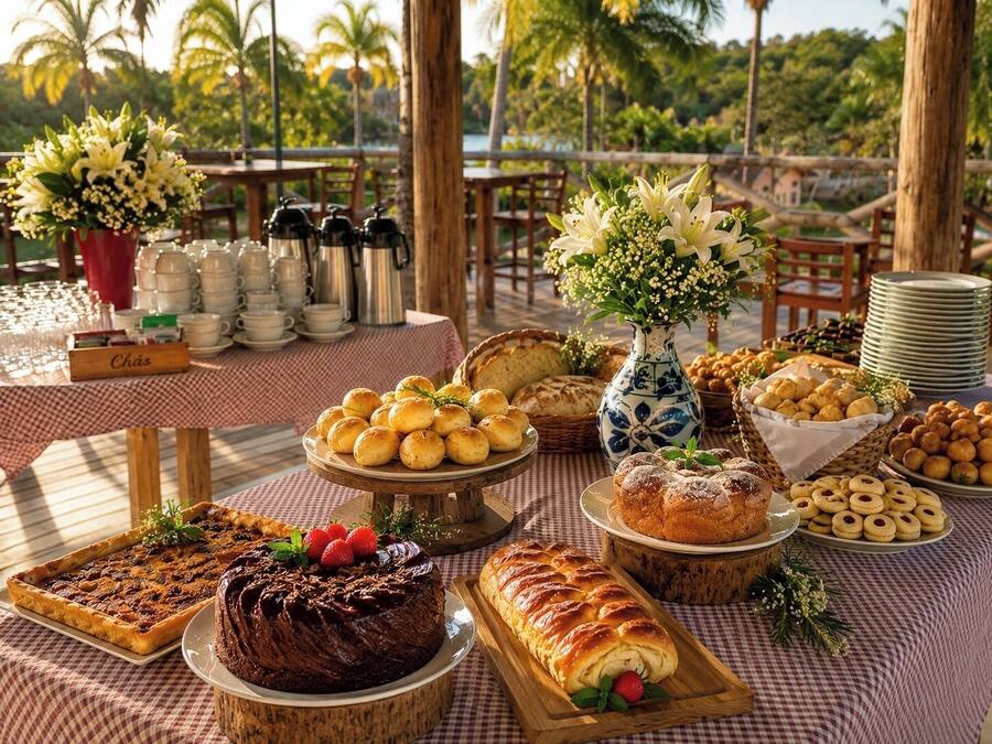 A buffet table with various baked goods, a chocolate cake, and a floral centerpiece.