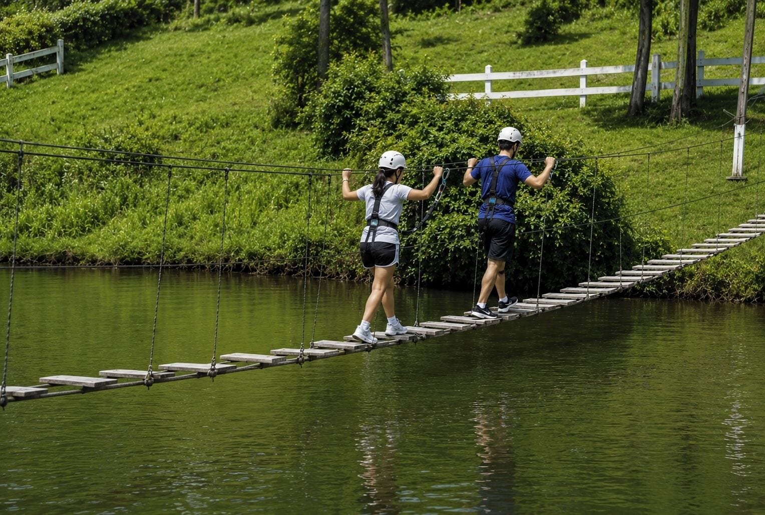 Duas pessoas numa ponte de corda sobre a água, rodeadas por vegetação.