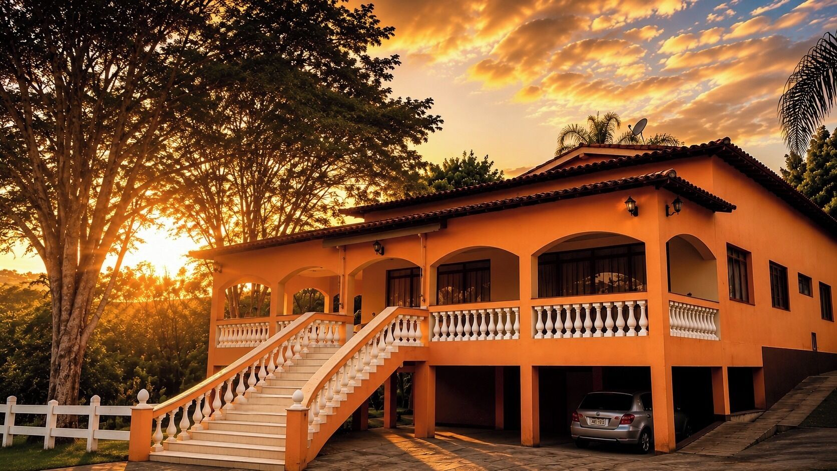 A two-story building with a balcony, a staircase, and a car parked in the driveway.