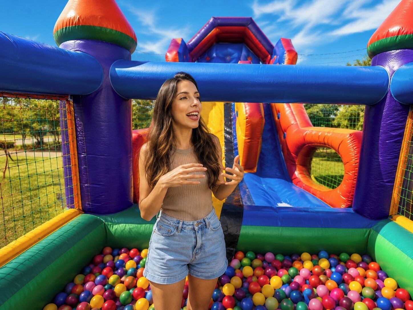A person standing in front of a colorful inflatable play structure with a ball pit.