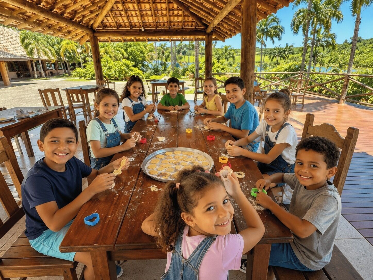 Un grupo de niños sentados alrededor de una mesa de madera al aire libre decorando galletas.