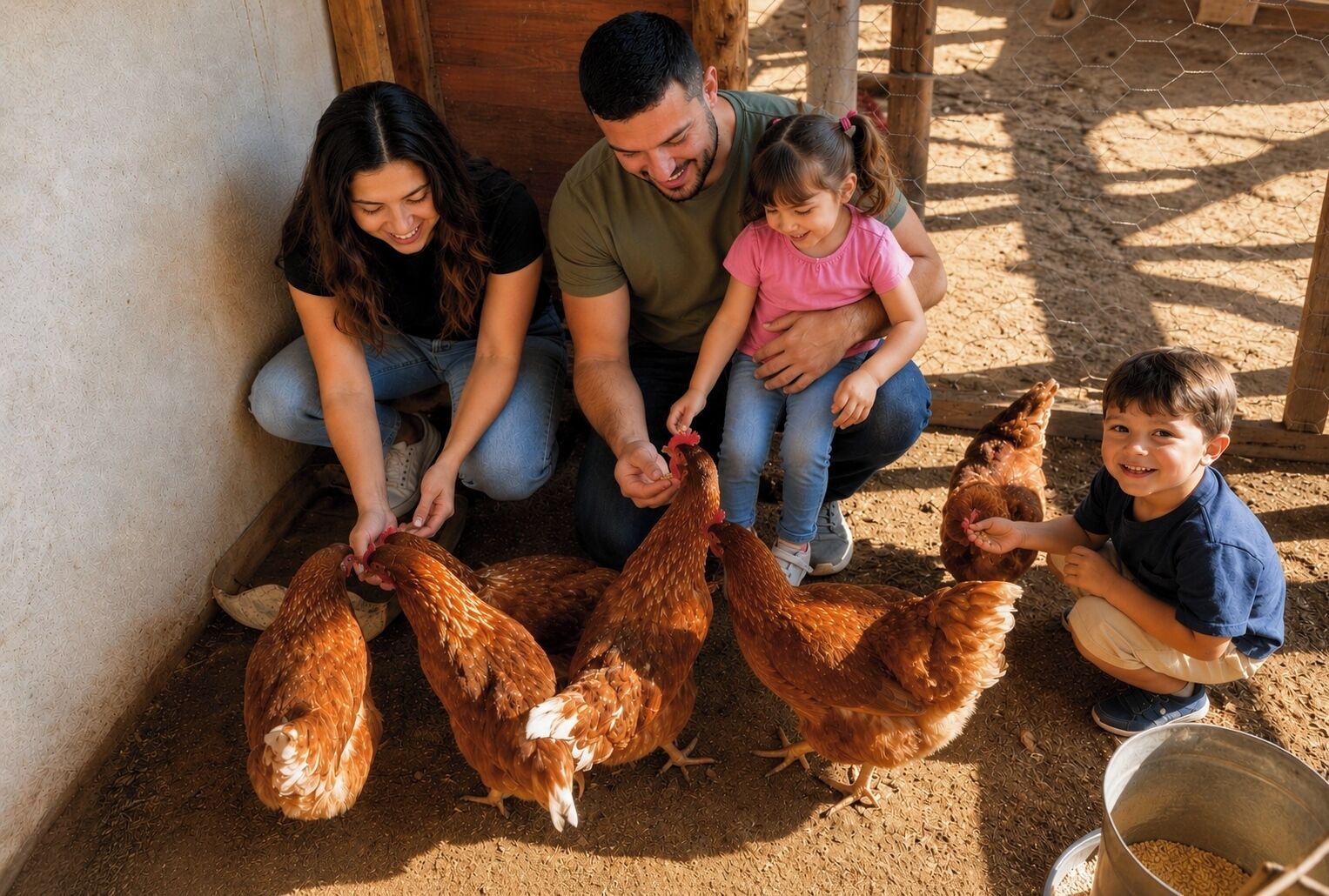 A family interacting with chickens in a rustic outdoor setting.
