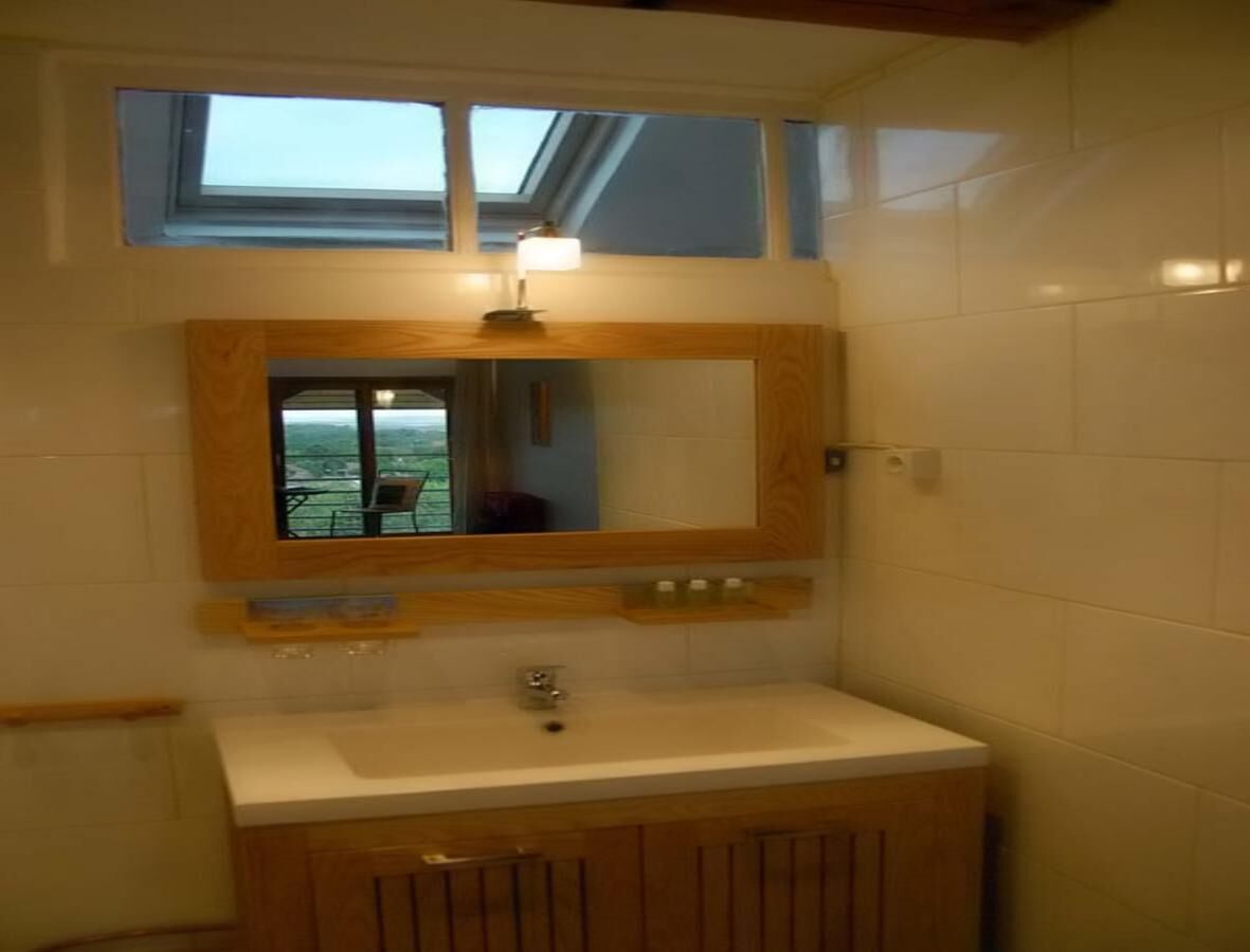 Une salle de bain avec un meuble-lavabo en bois, un lavabo blanc, un miroir avec un cadre en bois et une lucarne au-dessus.