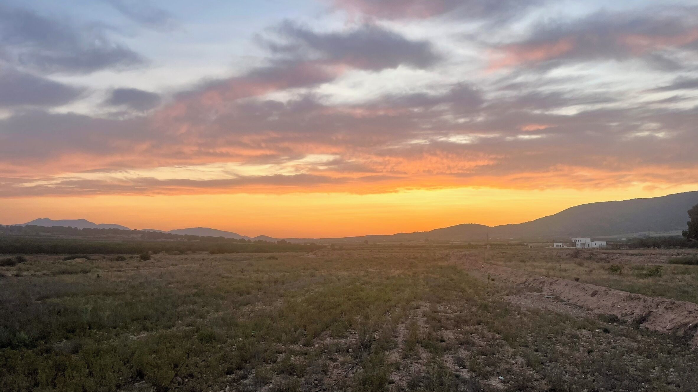 A wide landscape with a clear sky and distant mountains.