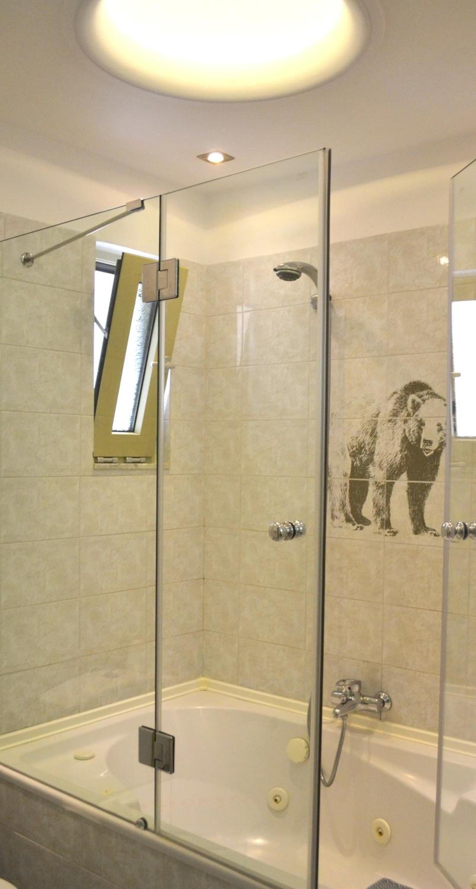 Shower, free toiletries, hair dryer, bathrobes