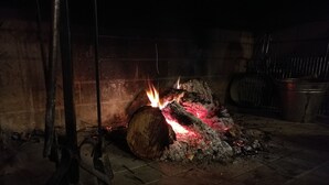 A fireplace with burning logs and a metal grate. - Sas Abbilas (Bonorva)