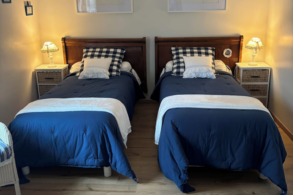 Una habitación con dos camas, cada una con cabecero de madera, lámparas blancas y ropa de cama azul.