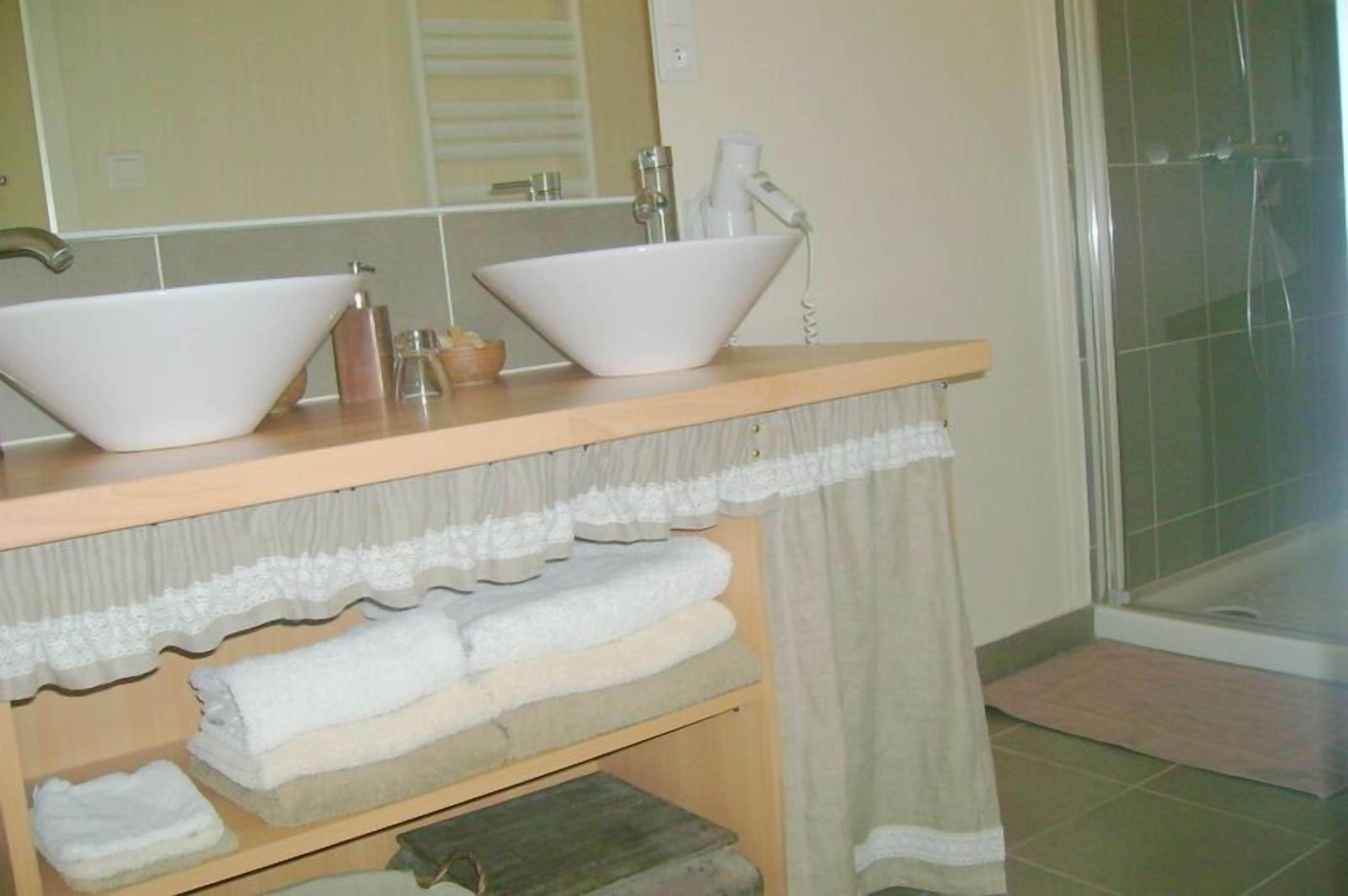 Une salle de bain avec deux grands lavabos blancs, un miroir, un sèche-cheveux et un espace douche.
