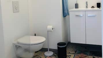 Een badkamer met toilet, wastafel, spiegel en een vloer met patroon.